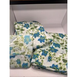 VTG Lot Twin Sheet 2 Set Flat Fitted Pillowcase Flower Power Groovy Florals Blue